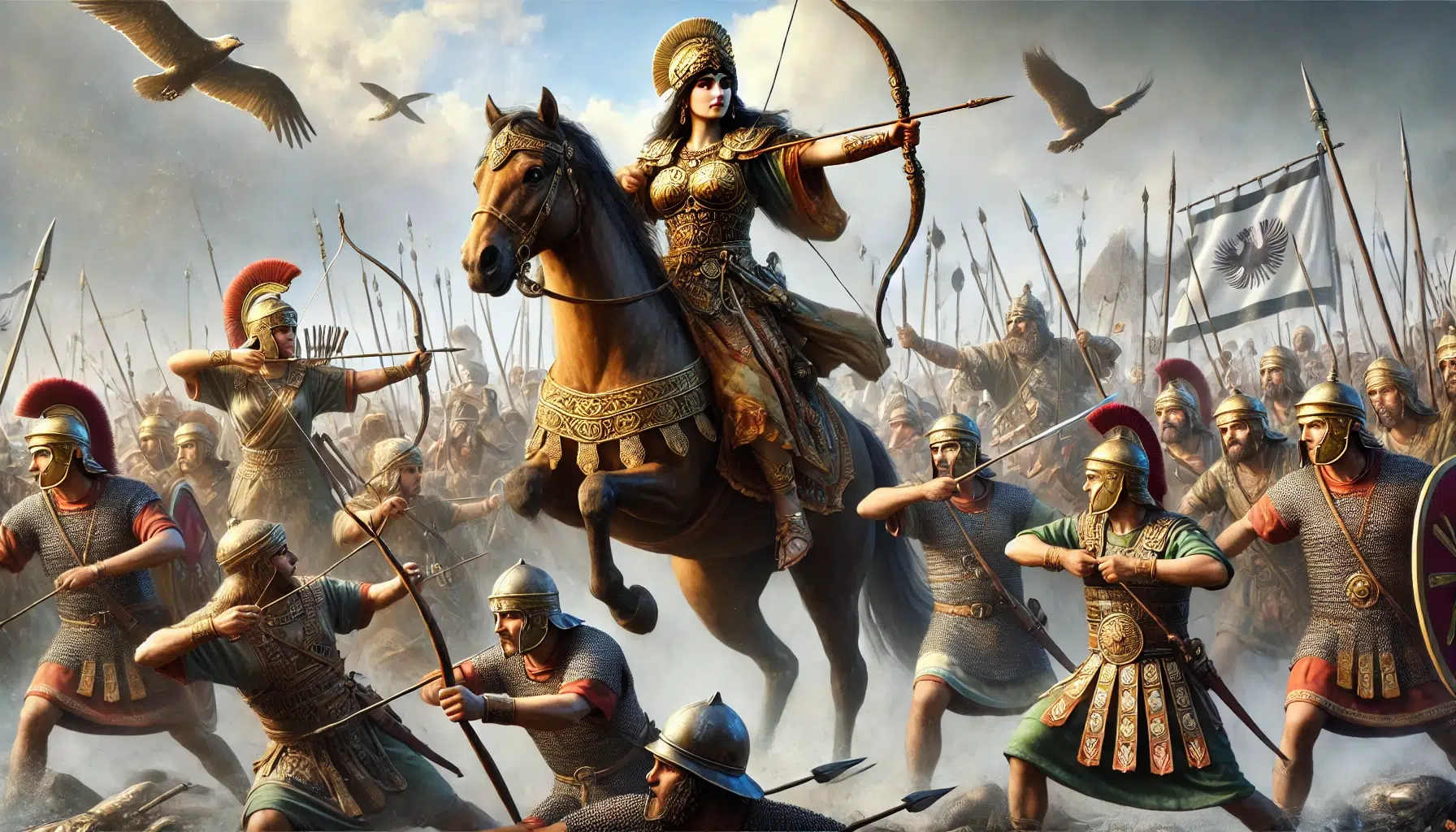Battle of Emesa, clearly depicting Queen Zenobia personally leading her troops with courage and determination. Show her on horseback, wearing regal armor and leading her archers and cavalry. The scene should capture the intensity of the battle with soldiers fighting, arrows flying, and cavalry charging. Include distinct elements of the Roman forces with their superior numbers and tactics gaining the upper hand. The background should evoke the historical setting of ancient Syria, with Zenobia's forces eventually retreating towards Palmyra