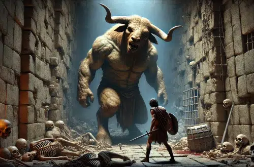 the Cretan monster, the Minotaur, with the head of a bull and the body of a man, standing in a labyrinth made of stone walls. The monster is towering over a terrified Theseus, who is armed only with a sword and shield. Surrounding them are bones and remnants of previous victims littering the ground. The lighting is dim and the atmosphere tense, with shadows creeping along the walls and pillars. The Minotaur's expression is fierce and threatening, while Theseus appears determined but visibly shaken.