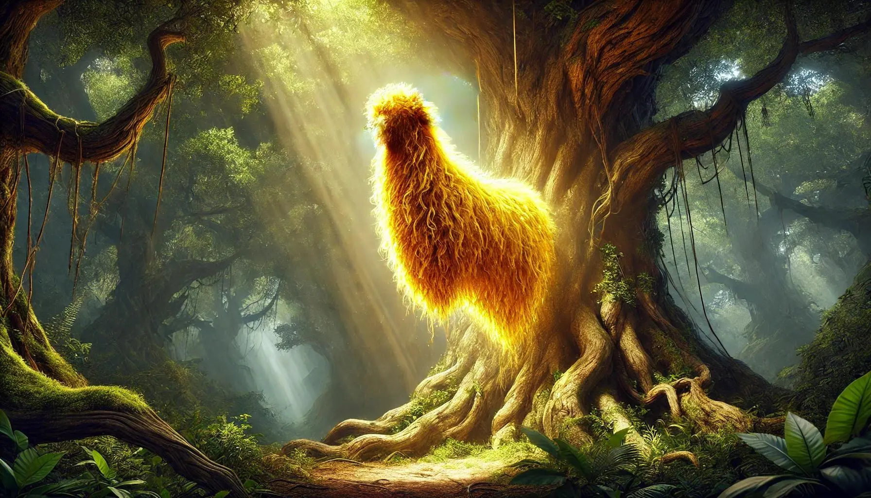 the Golden Fleece, the object of Jason's quest. Show the fleece as a large, radiant golden pelt hanging from a branch of a tall, ancient tree. The fleece should glow with a magical light, illuminating the surrounding area. The setting is a lush, mythical forest with dense foliage and ancient, gnarled trees. The atmosphere is mystical and awe-inspiring, with beams of sunlight filtering through the canopy, highlighting the Golden Fleece as the central focus of the scene.