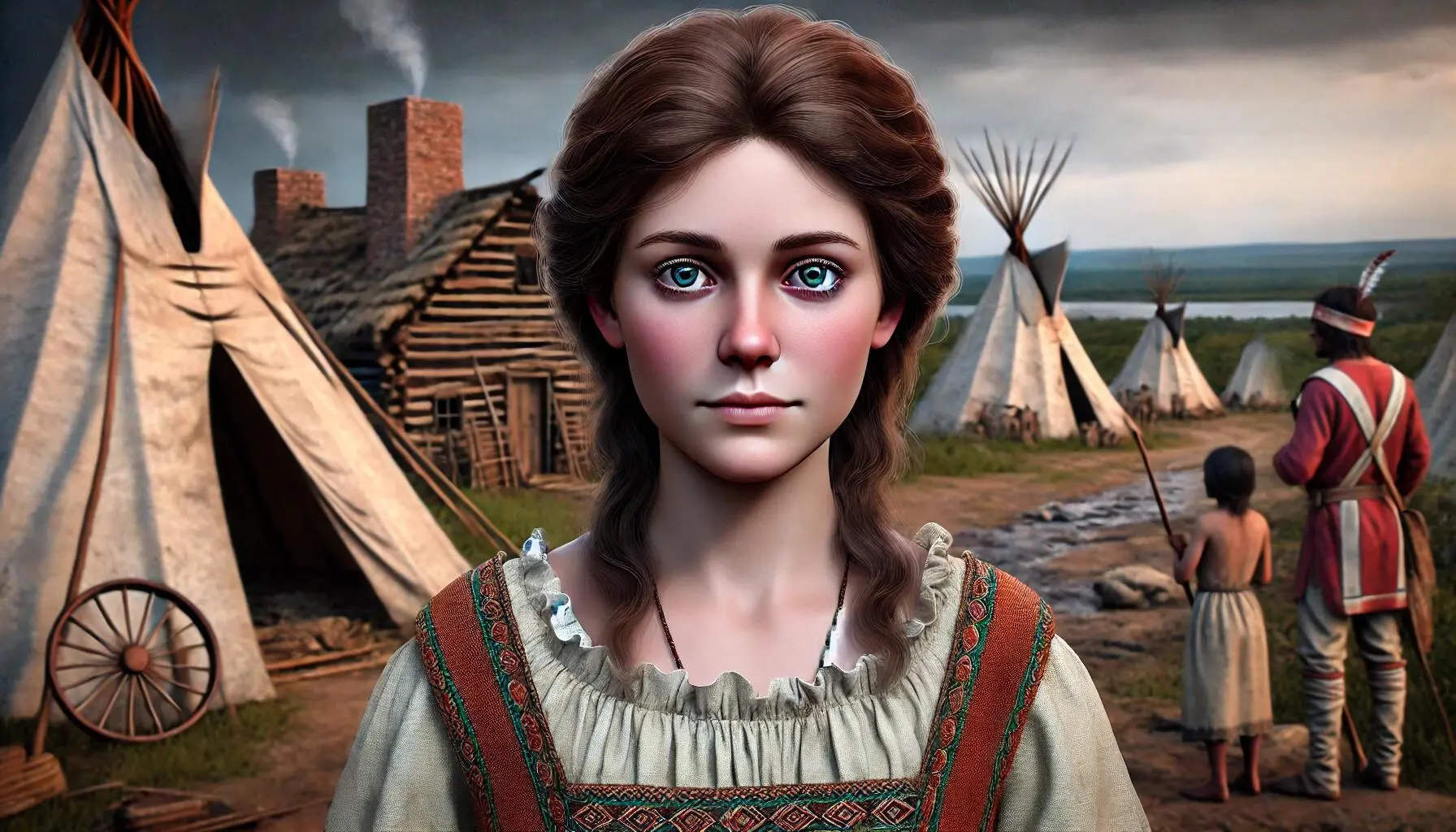 Lydia Bean, a white settler captured by the Cherokee. Depict her in typical settler attire of the 18th century, with features such as fair skin, brown hair, and blue eyes. She stands with a worried yet resilient expression. The background should show elements of a Cherokee village, symbolizing her capture, with traditional Cherokee dwellings and surroundings.
