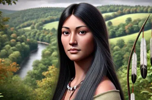 Nancy Ward, also known as Nanyehi, the Beloved Woman of the Cherokee Nation. She is Indigenous and a Native American young girl of 17. She is depicted with a tall, erect posture, and commanding presence. Her facial features are characterized by a prominent nose, regular and symmetrical features, and a clear complexion. She has long, silken black hair that flows down her back, and large, piercing black eyes that convey both wisdom and determination. Her expression is one of calm authority and inner strength, reflecting her role as a leader and peacemaker. The background features a lush, green landscape typical of the Appalachian region.