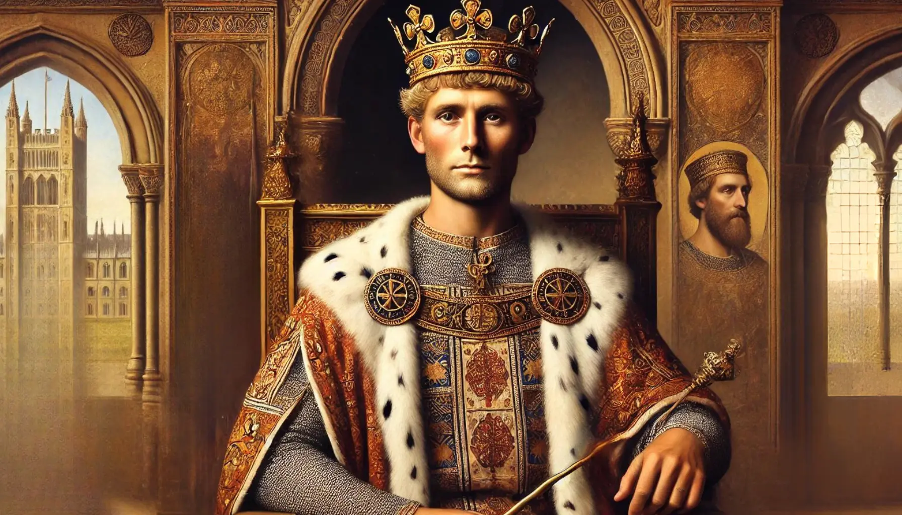 Æthelstan, the first King of England, depicted in a medieval royal setting without any banners or flags. He is dressed in regal attire, including a crown, a rich cloak, and a tunic decorated with intricate patterns. Æthelstan has a composed expression, with short, light hair and a trimmed beard. He stands with a commanding presence, holding a scepter in one hand and a sword at his side, symbolizing his authority