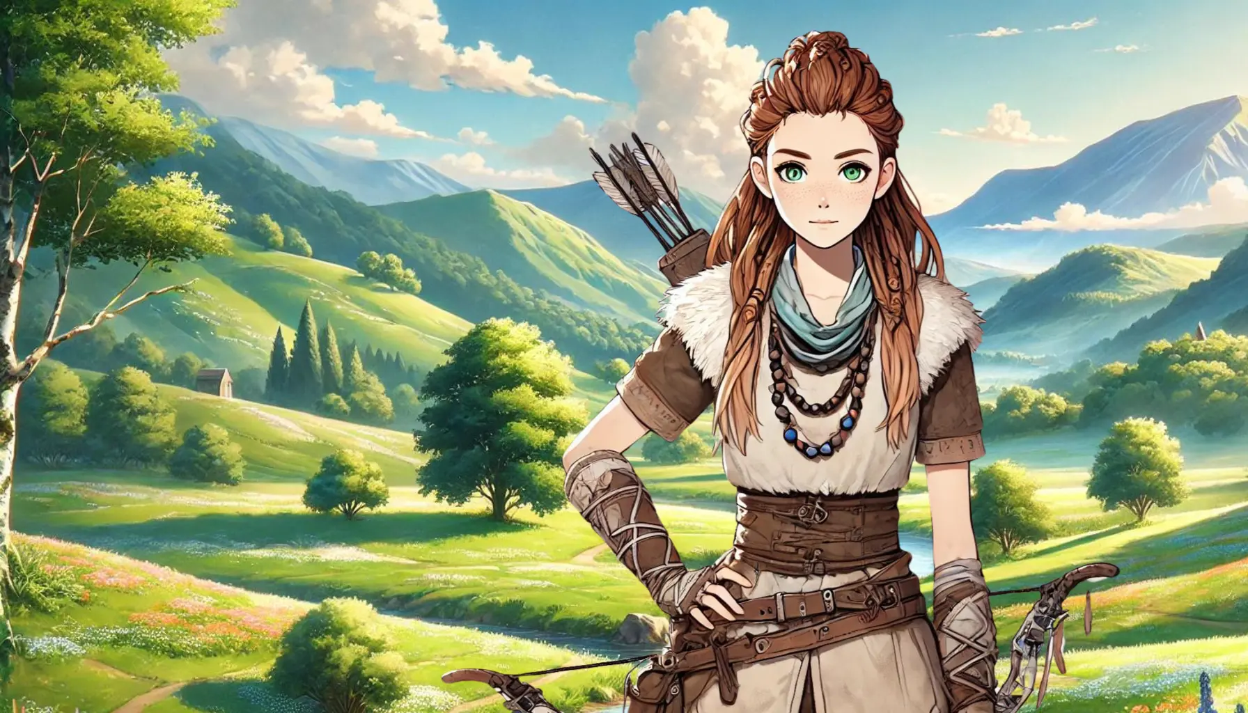 Aloy standing in Teyvat. A beautiful landscape from the world of Teyvat, inspired by the style of Genshin Impact. The scene features lush green meadows with vibrant flowers, towering mountains in the background, and a crystal-clear river running through the landscape. The sky is bright and clear, with a few fluffy clouds, and the sunlight casts a warm glow over the scenery.