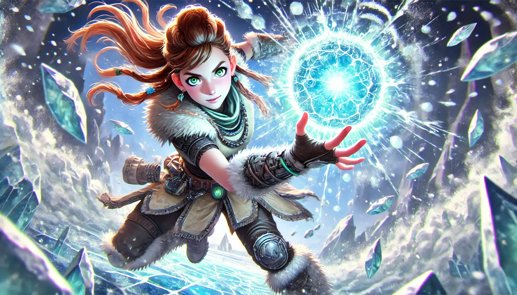 Aloy, depicted in an anime-inspired style, using her Elemental Skill: Frozen Wilds from Genshin Impact. The scene shows Aloy in an action pose, throwing a Freeze Bomb in the targeted direction. The bomb explodes on impact, creating a burst of icy energy and dealing Cryo damage. The visual effects include swirling icy particles and a bright, cold glow emanating from the explosion.