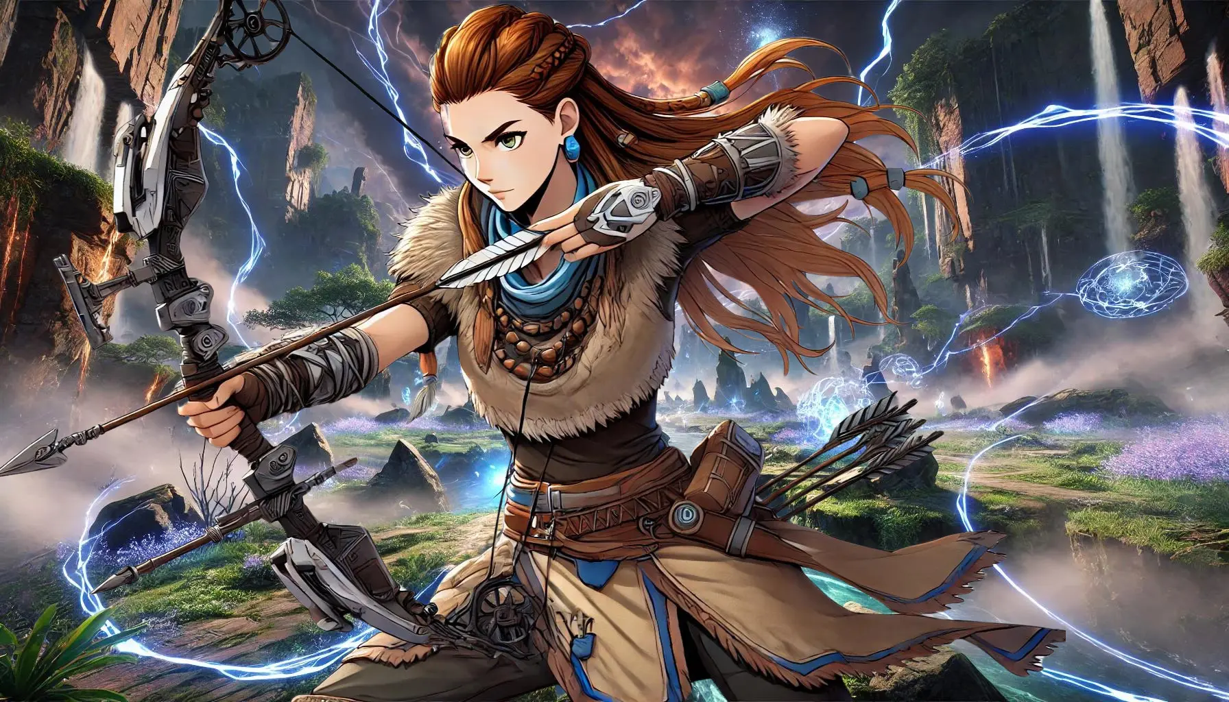 Aloy, depicted in an anime-inspired style, using The Predator bow from Genshin Impact. The scene shows Aloy in an action stance, holding The Predator bow with a focused expression. The bow is sleek and modern, featuring a design that combines traditional elements with advanced technology. Aloy is dressed in her iconic outfit, including a fur-lined, sleeveless tunic, sturdy pants, leather bracers, gloves, and high boots. Her long, light auburn-brown hair is styled in distinctive braids, flowing with her movement.