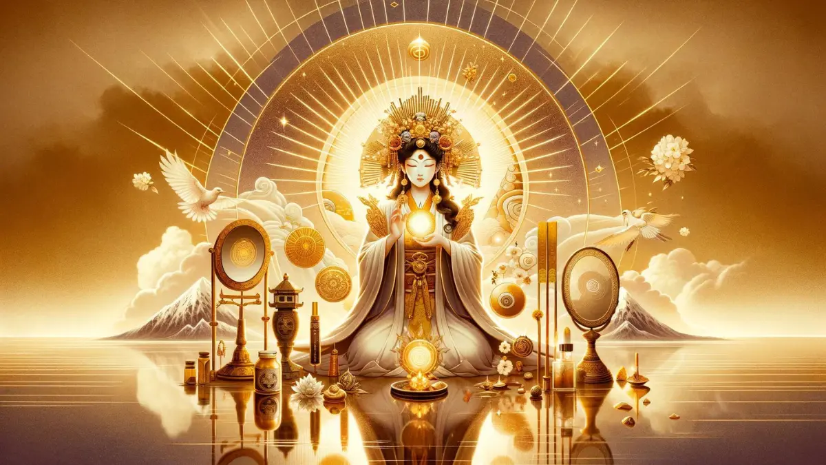 Amaterasu, the revered Sun Goddess in Japanese mythology. The scene portrays her in a dignified and radiant manner, with symbolic elements that emphasize her divine presence and role as the source of all light and life