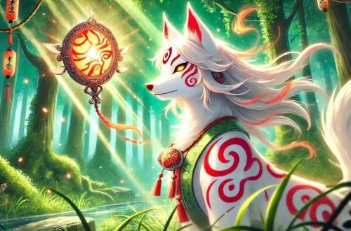 Amaterasu from the game Okami, depicted as a majestic white wolf with intricate red markings and divine attributes. She stands in a lush, vibrant forest with sunlight filtering through the trees, highlighting her ethereal presence. Her red markings glow slightly, and a mystical mirror, the Yata no Kagami, floats above her back, surrounded by faint flames