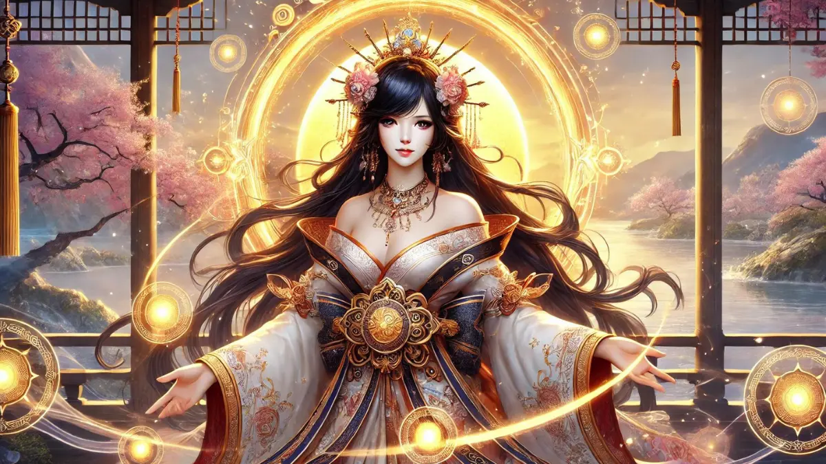 Amaterasu appears as a radiant and ethereal figure with long, dark flowing hair, and distinctly Japanese features. She wears traditional Japanese attire adorned with intricate patterns. Surrounding her are glowing orbs and celestial symbols. The background shows a golden sunrise over a serene landscape with cherry blossom trees and a tranquil river