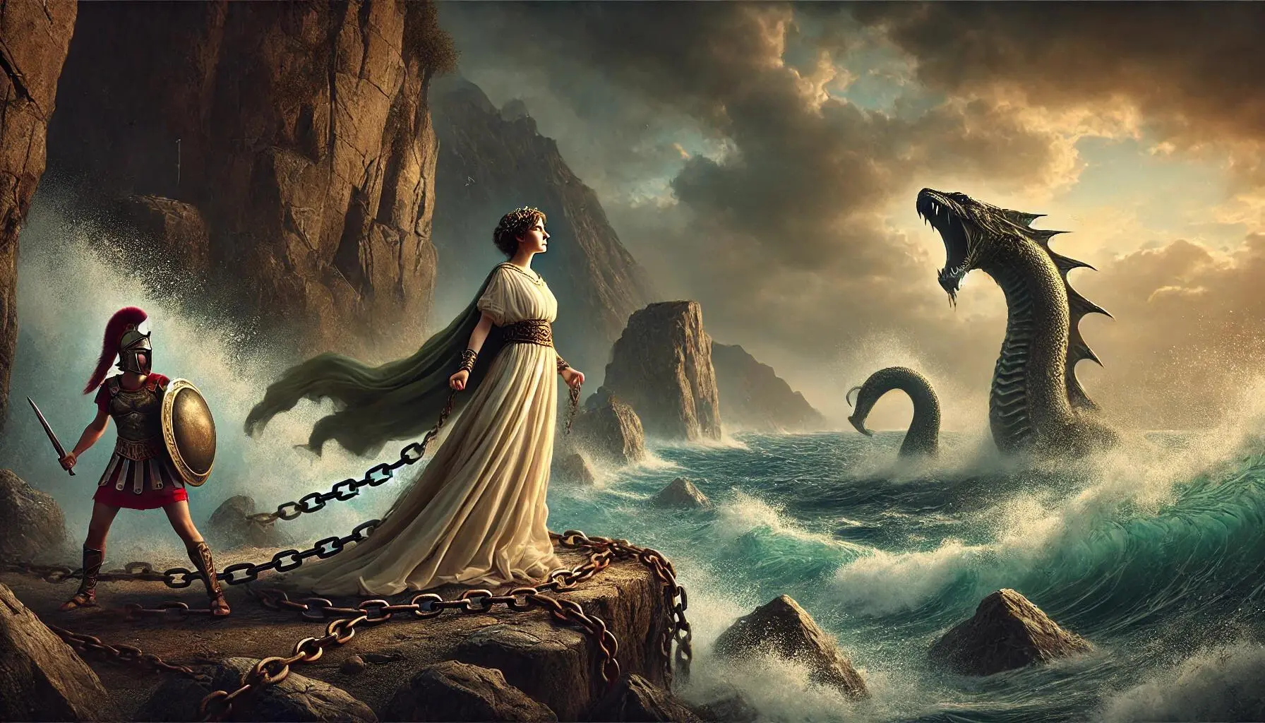 Andromeda, the daughter of Queen Cassiopeia and King Cepheus, chained to a rocky cliff by the sea as a sacrifice to the sea monster, Cetus. Andromeda is shown in an ancient Greek-style gown, with her arms bound above her head, looking out at the approaching sea monster. The scene is dramatic, with the turbulent sea crashing against the rocks and dark clouds gathering in the sky. In the background, the hero Perseus is visible, arriving just in time