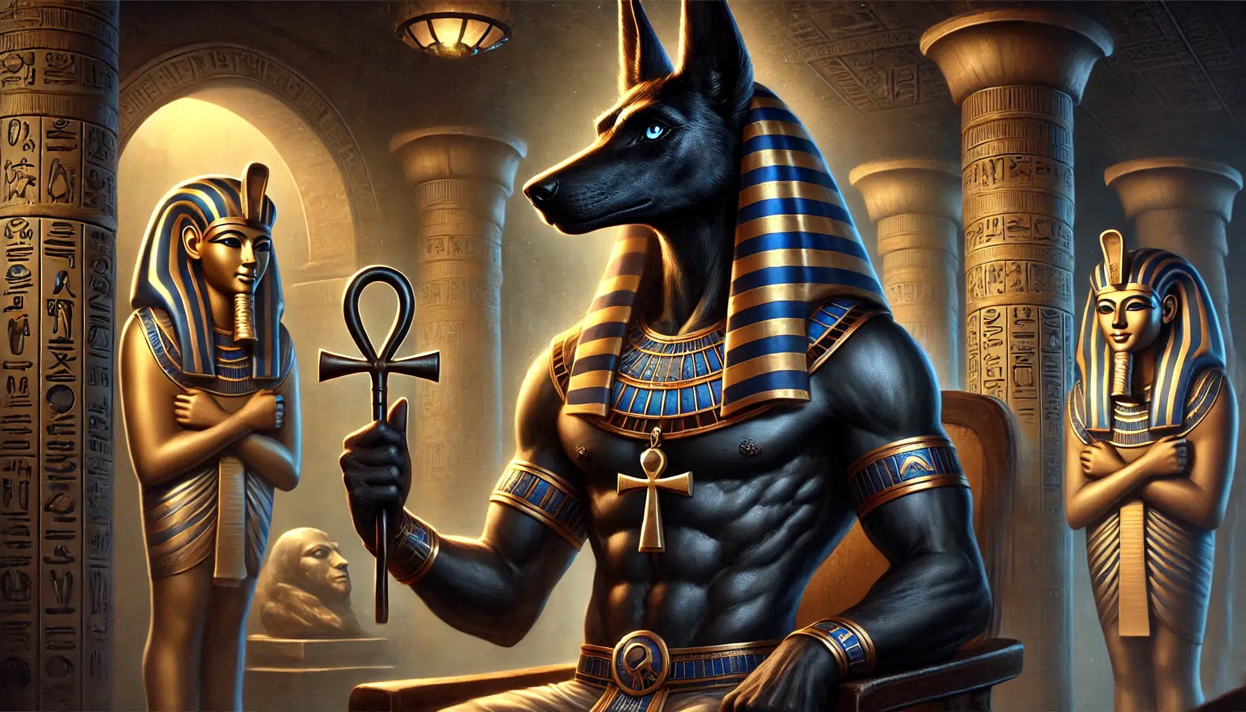 Anubis, the ancient Egyptian god of mummification and the afterlife. He is shown with the head of a jackal, which is sleek and black, and a muscular human body. Anubis wears traditional Egyptian clothing, including a shendyt (kilt) and a wide collar adorned with gold and blue. He holds an ankh in one hand, symbolizing life, and a staff in the other, representing his authority in the afterlife. His expression is calm and protective