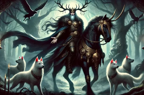 Arawn god of the underworld rides a black horse decorated with ornate gold armour. He rides through a misty grey leafless forest surround by four white hounds, with red ears