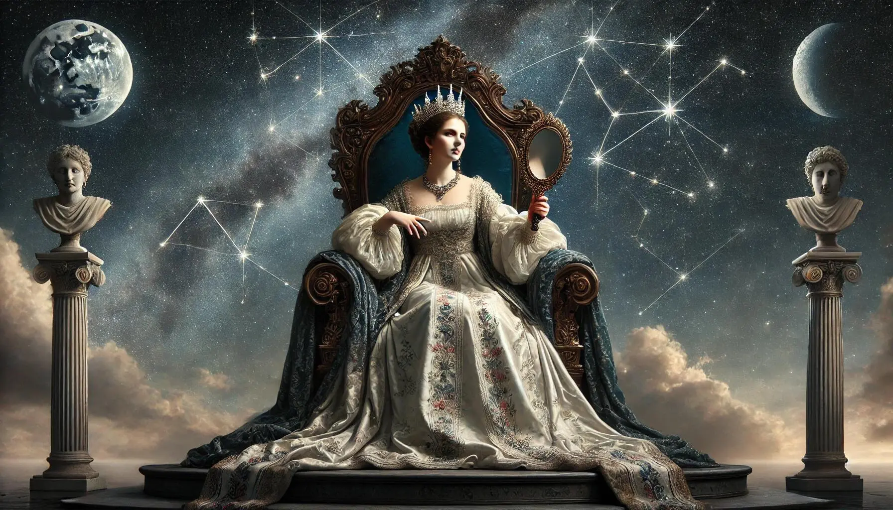 A realistic depiction of Cassiopeia, the Vain Queen, seated on a grand, ornate throne in the night sky. She is dressed in a luxurious, flowing gown with intricate embroidery and wears a crown encrusted with jewels. Her expression reflects her vanity as she gazes into a handheld mirror. The stars of the Cassiopeia constellation form a clear 'W' or 'M' shape in the sky around her figure.