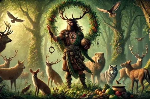 Cernunnos, the horned god, depicted in a lush forest setting. He stands tall with stag antlers on his head, symbolizing his connection to nature and animals. He wears ancient, rustic clothing adorned with natural elements like leaves and vines. In one hand, he holds a torc, and in the other, a cornucopia overflowing with fruits and grains, representing fertility and wealth. Around him, animals like deer, wolves, and birds are present, emphasizing his role as a protector of wildlife. The background is rich with green trees, and the light filtering through the leaves gives a serene, mystical atmosphere, highlighting his connection to life and death.