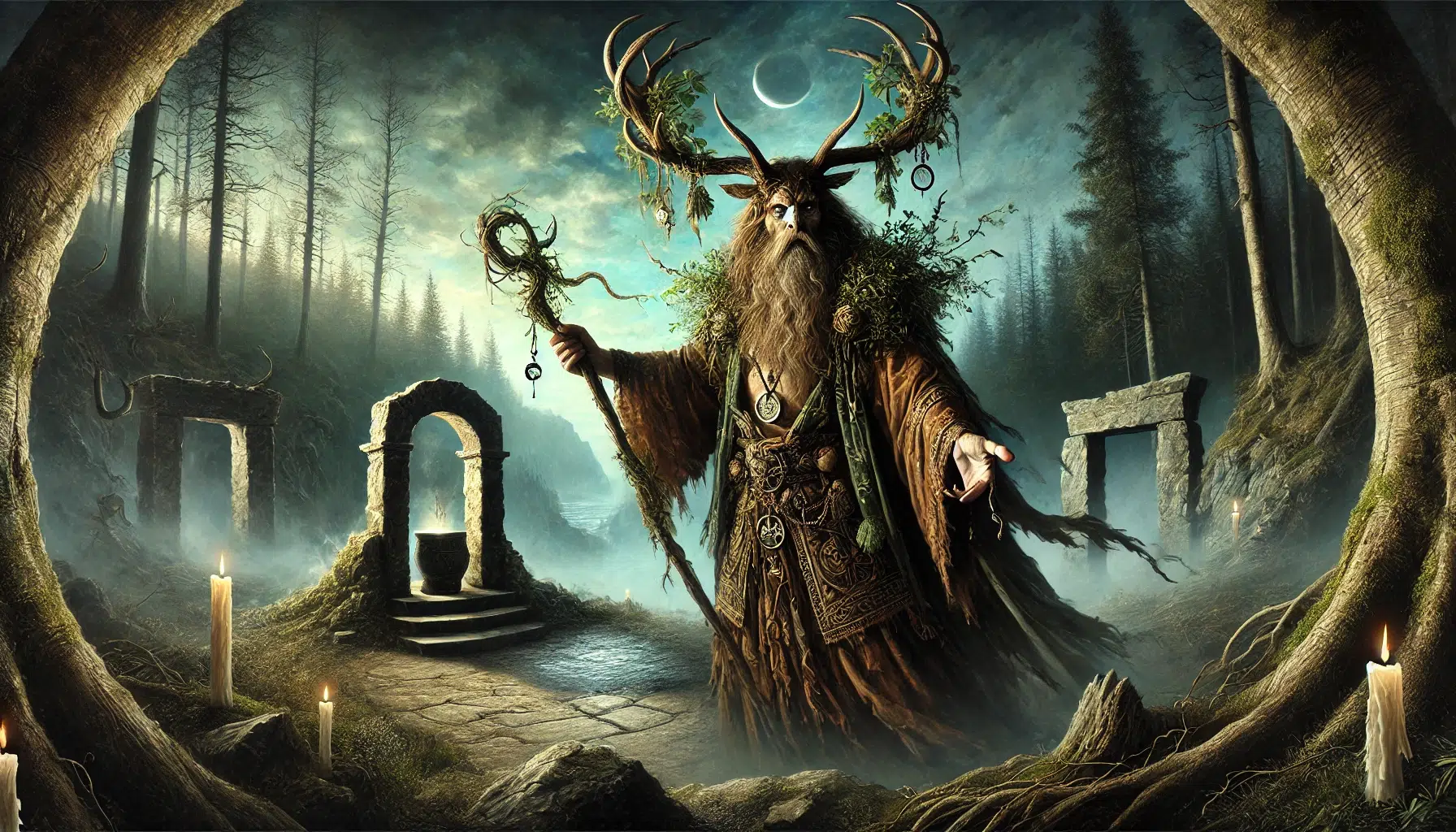 A depiction of Cernunnos, the horned god, emphasizing his connection to the underworld. Cernunnos stands as a tall, imposing figure with large antlers, wearing rustic clothing adorned with leaves and vines. He holds a key in one hand, symbolizing his role as a guide for souls between the living and the dead. The scene shows him standing at the entrance of a dark, mystical underworld realm, with a shadowy, ethereal portal behind him. The environment around him is dimly lit, with an otherworldly glow, highlighting his powerful presence