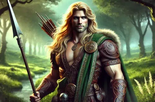 Fionn Mac Cumhaill, a legendary hero from Irish mythology. Fionn is portrayed as a muscular and handsome man with long, bright blonde hair. He has a strong, athletic build and striking, chiseled features that highlight his heroic status. Fionn's expression is confident and determined, reflecting his role as a leader. He wears traditional Celtic warrior attire, including a tunic, cloak, and leather armour, with intricate patterns. He stands in a lush, green landscape with a serene, misty forest in the background
