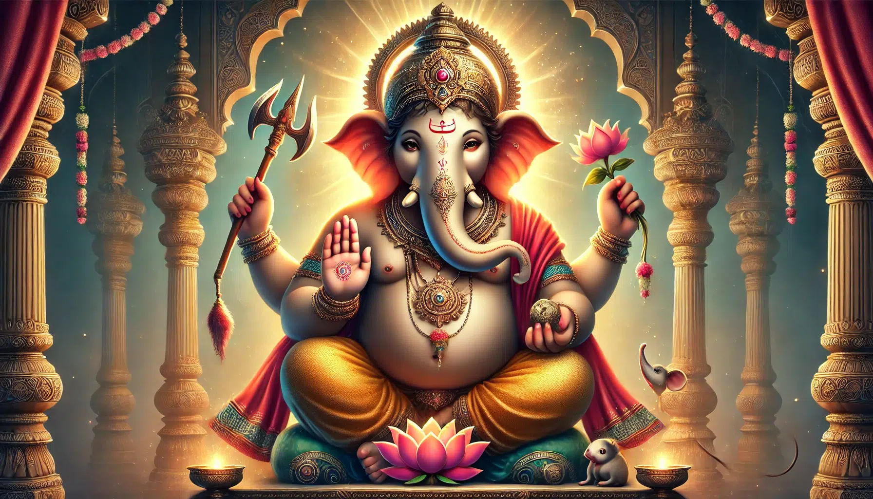 Ganesha, the Hindu god, and son of Shiva and Parvati. He is depicted with an elephant head and a large, round belly. Ganesha has four arms, each holding different symbolic items: a lotus flower, a hatchet, a sweet (modak), and a noose. He has a warm and gentle expression, symbolizing his benevolence and wisdom. Ganesha is adorned with traditional clothing, including a dhoti, and wears jewelry such as necklaces and bracelets. He has a crown or headdress on his head. He is often shown with a small mouse at his feet, which serves as his vehicle (vahana)