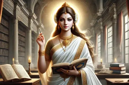 Goddess Saraswati, the goddess of wisdom, knowledge, and learning. She is shown with a serene and wise expression, holding sacred scriptures in her hands, symbolizing her love for learning and the pursuit of knowledge. Saraswati wears a traditional white sari, representing purity and devotion to knowledge. She is surrounded by an aura of calmness and focus, emphasizing her role in guiding scholars and artists to achieve greatness in their fields