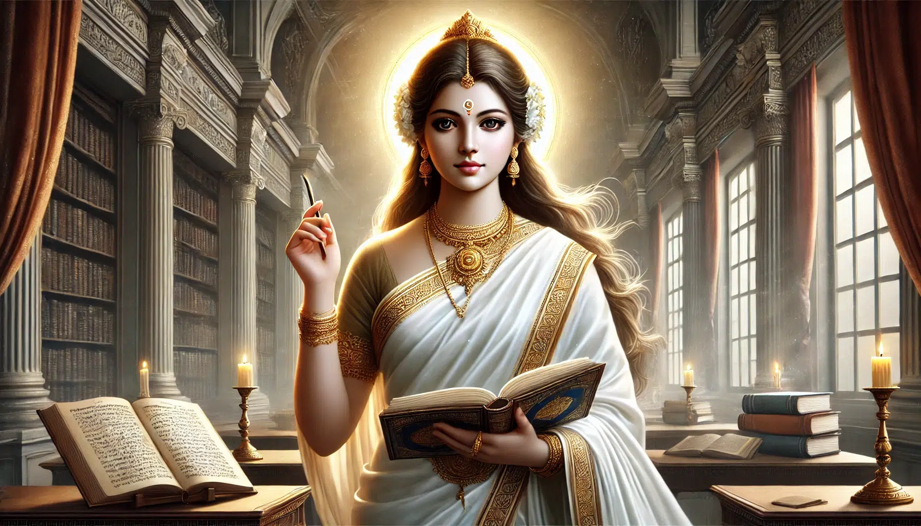 Goddess Saraswati, the goddess of wisdom, knowledge, and learning. She is shown with a serene and wise expression, holding sacred scriptures in her hands, symbolizing her love for learning and the pursuit of knowledge. Saraswati wears a traditional white sari, representing purity and devotion to knowledge. She is surrounded by an aura of calmness and focus, emphasizing her role in guiding scholars and artists to achieve greatness in their fields