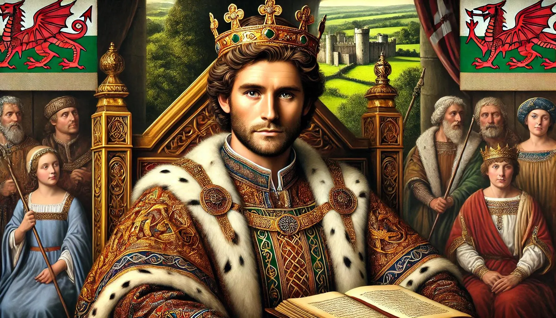 Hywel Dda is dressed in traditional medieval Welsh attire, a richly decorated robe with Celtic patterns and a golden crown with intricate designs. He has short, wavy hair and a trimmed beard