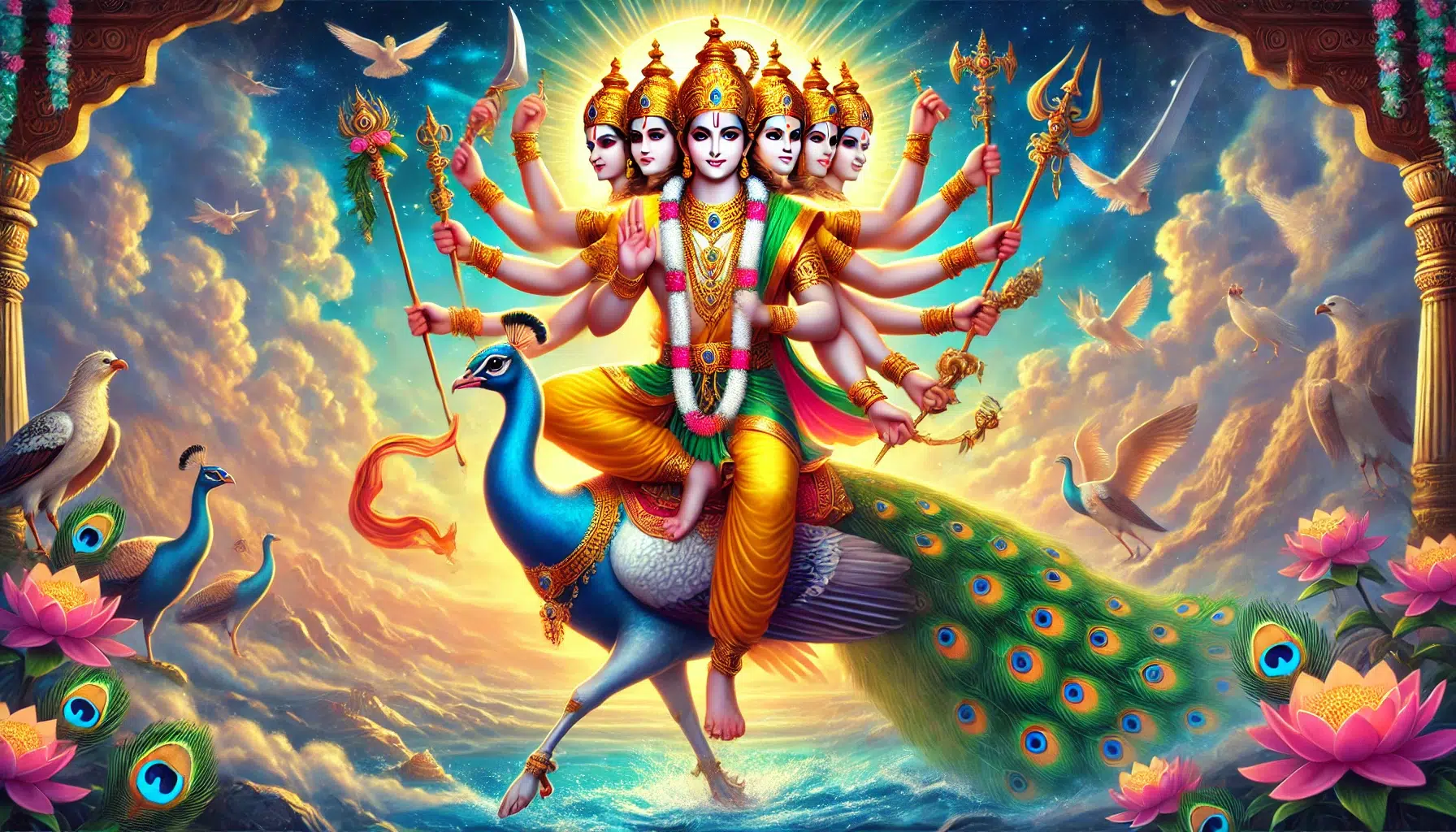 Kartikeya, the Hindu god, showcasing his symbolic elements. He should appear as a youthful and radiant deity with six heads (Shanmukha), each facing a different direction to signify his omniscience. Kartikeya has twelve arms, each holding various symbolic items, including a divine spear (Vel), a bow, a sword, and a shield. He rides a majestic peacock, symbolizing beauty and grace, with the peacock trampling a serpent underfoot, representing the victory over evil forces. Kartikeya's attire consists of traditional bright clothing and jewellery, including a crown, necklaces, and armlets. His aura should be depicted with a golden glow, highlighting his divine nature