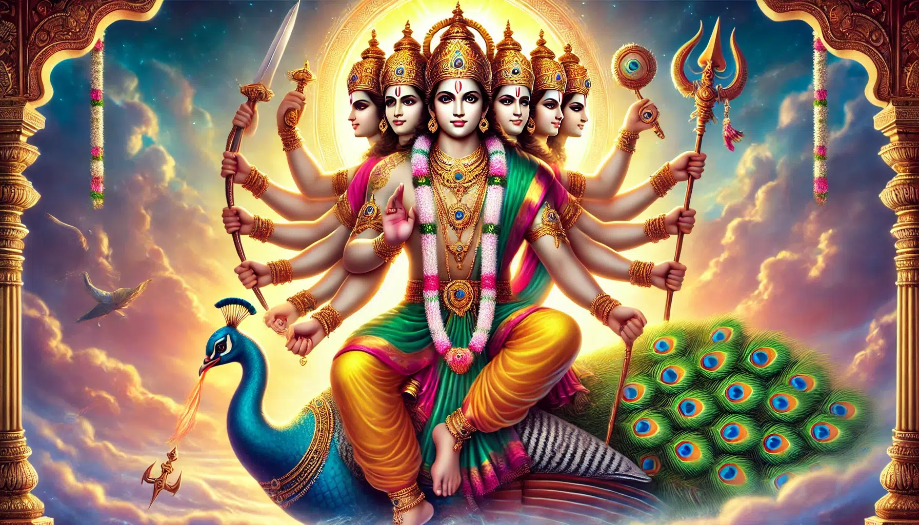 Kartikeya, the Hindu god, depicted as a handsome and youthful figure. He has six heads (Shanmukha), each facing a different direction, symbolizing his knowledge and omnipresence. Kartikeya has twelve arms, each holding different weapons and symbols, including a divine spear (Vel), a sword, and a bow and arrow. He is shown riding a majestic peacock, symbolizing beauty and grace, with the peacock trampling a serpent underfoot, representing the defeat of evil forces. He wears traditional bright clothing and is adorned with ornaments like a crown, earrings, necklaces, and armlets.