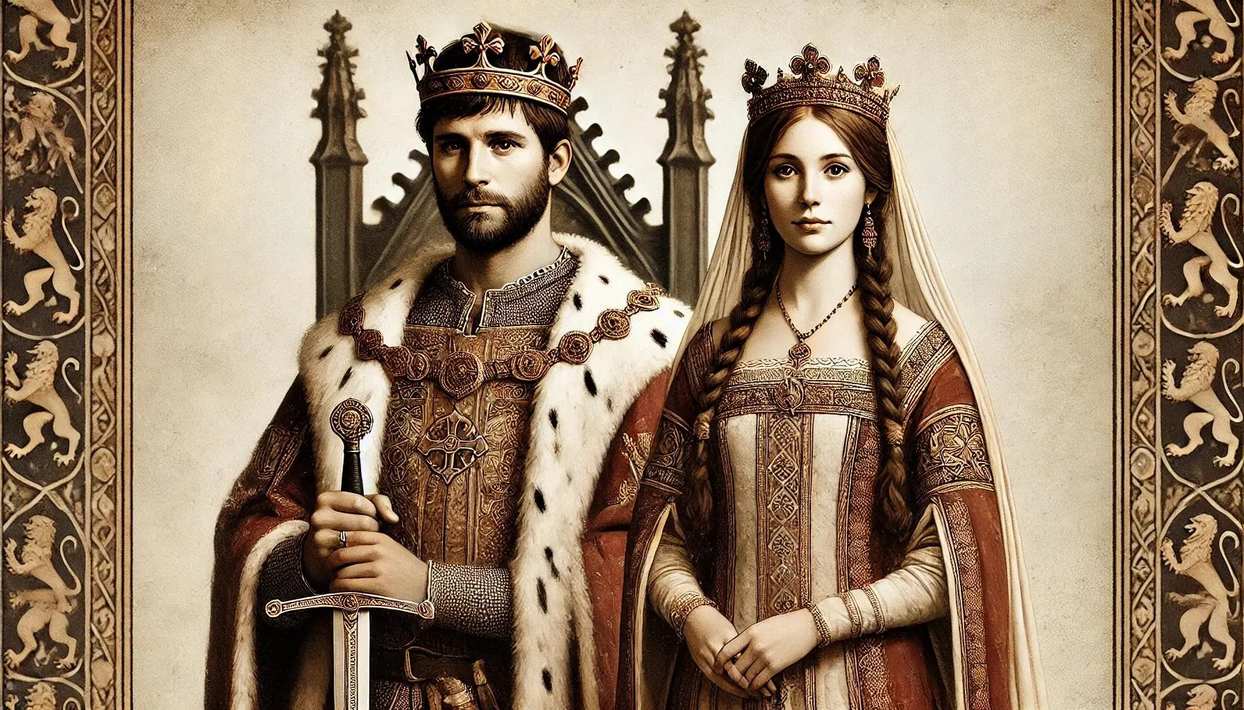 King Edward the Elder and his first wife, Ecgwynn, standing side by side. King Edward is shown wearing a royal robe with a crown, a simple medieval tunic, and holding a sword at his side. He has a dignified expression with short, dark hair and a beard. Ecgwynn is dressed in an elegant medieval gown with a modest crown or headpiece, showcasing her status as a noblewoman. She has a serene expression, long braided hair, and is holding a small book or scroll.