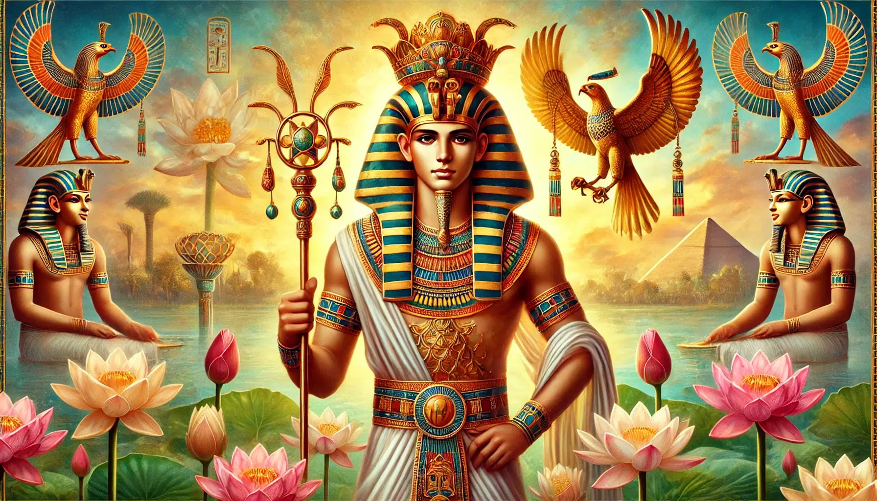 Nefertum is depicted as a youthful and handsome man with a rich, golden hue, representing vitality and the life-giving power of the sun. He wears a lotus flower headdress, symbolizing beauty, rebirth, and the rising sun, sometimes including two tall plumes and a pair of falcon feathers. He is adorned with a kilt and a broad collar necklace, intricately designed with colorful beads and precious stones. Nefertum holds a scepter or an ankh, symbolizing his divine authority and connection to life. The background features blooming lotus flowers and a serene Nile landscape