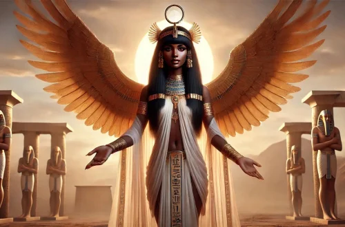 Nephthys as a key figure in Egyptian mythology, known as a goddess of protection. She stands with a serene and protective expression, wearing traditional ancient Egyptian attire, including a flowing white gown and a headdress featuring a basket and house symbol. Her skin is a rich brown tone, and she has long, black hair. She is adorned with golden jewelry, including bracelets and a necklace. Nephthys holds her arms out in a protective gesture, and large, golden wings extend from her back, symbolizing her role as a guardian. She stands against a backdrop of a desert landscape, with a soft, warm glow of the setting sun behind her, highlighting her divine presence