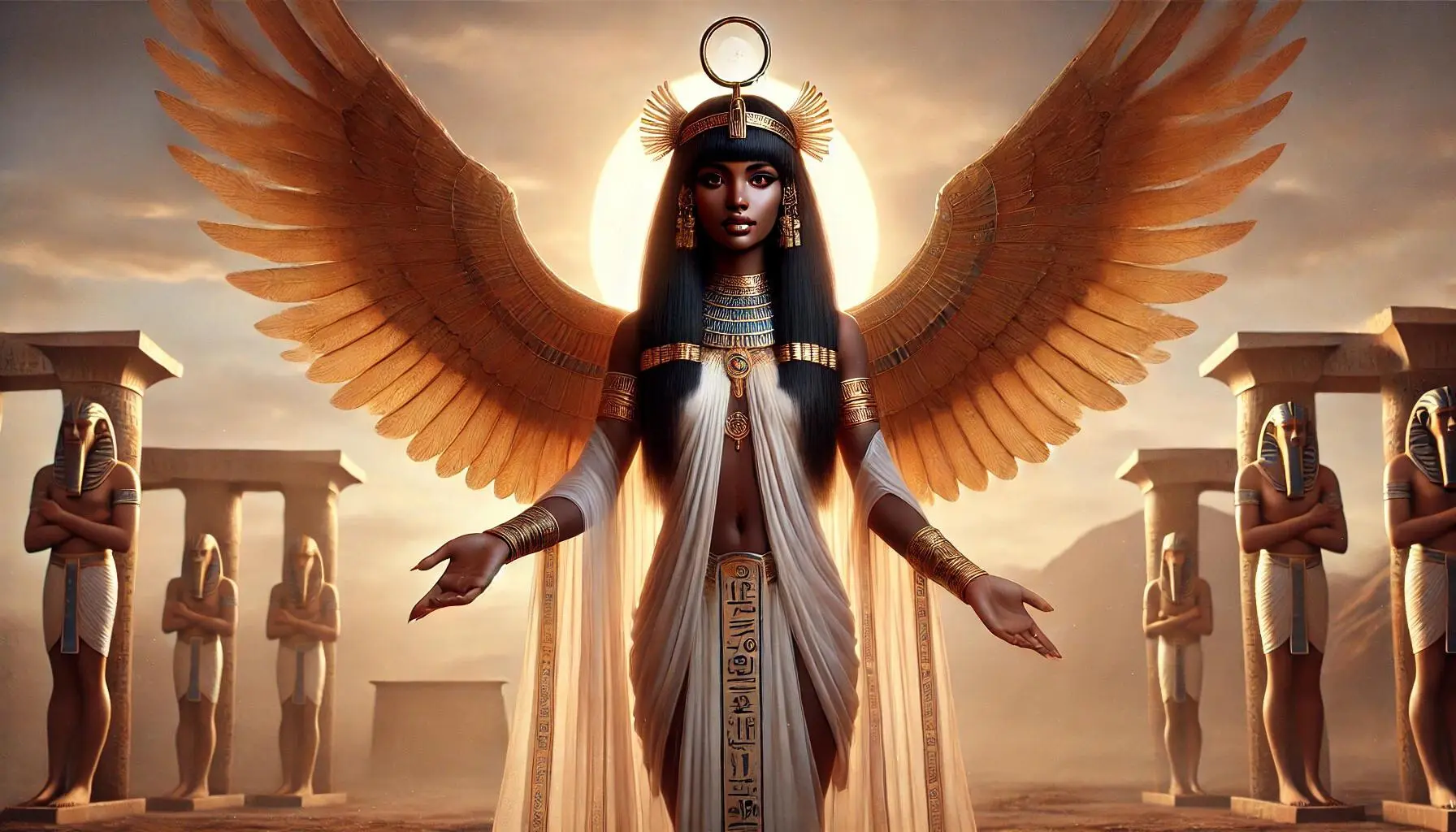 Nephthys as a key figure in Egyptian mythology, known as a goddess of protection. She stands with a serene and protective expression, wearing traditional ancient Egyptian attire, including a flowing white gown and a headdress featuring a basket and house symbol. Her skin is a rich brown tone, and she has long, black hair. She is adorned with golden jewelry, including bracelets and a necklace. Nephthys holds her arms out in a protective gesture, and large, golden wings extend from her back, symbolizing her role as a guardian. She stands against a backdrop of a desert landscape, with a soft, warm glow of the setting sun behind her, highlighting her divine presence