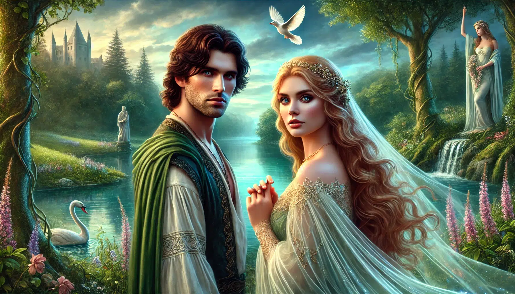 the mythological meeting between Oisín and Niamh from Irish mythology. Oisín, portrayed as a manly and handsome young man, stands by a serene, mystical lakeside. He has dark, wavy hair, a strong, chiseled jawline, and a muscular build, wearing traditional Celtic clothing. His expression is confident and intrigued. Niamh, an extraordinarily beautiful woman from Tír na nÓg, the Land of Eternal Youth, approaches him. She has long, flowing golden hair, radiant and flawless skin, and striking, captivating eyes