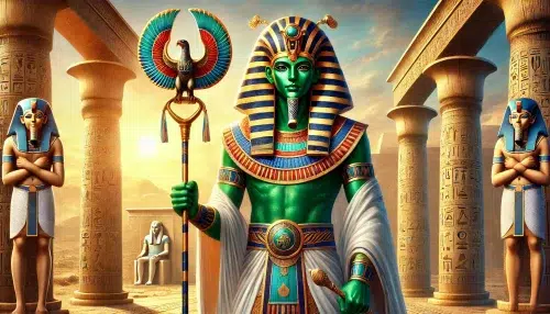 Osiris, a beloved god in ancient Egyptian mythology. He is shown as a dignified and regal figure, with green skin symbolizing rebirth and fertility. Osiris wears the traditional Atef crown, a tall white crown with two ostrich feathers, and is adorned in a royal robe with intricate golden and blue patterns. He holds a crook and flail, traditional symbols of kingship and authority, across his chest
