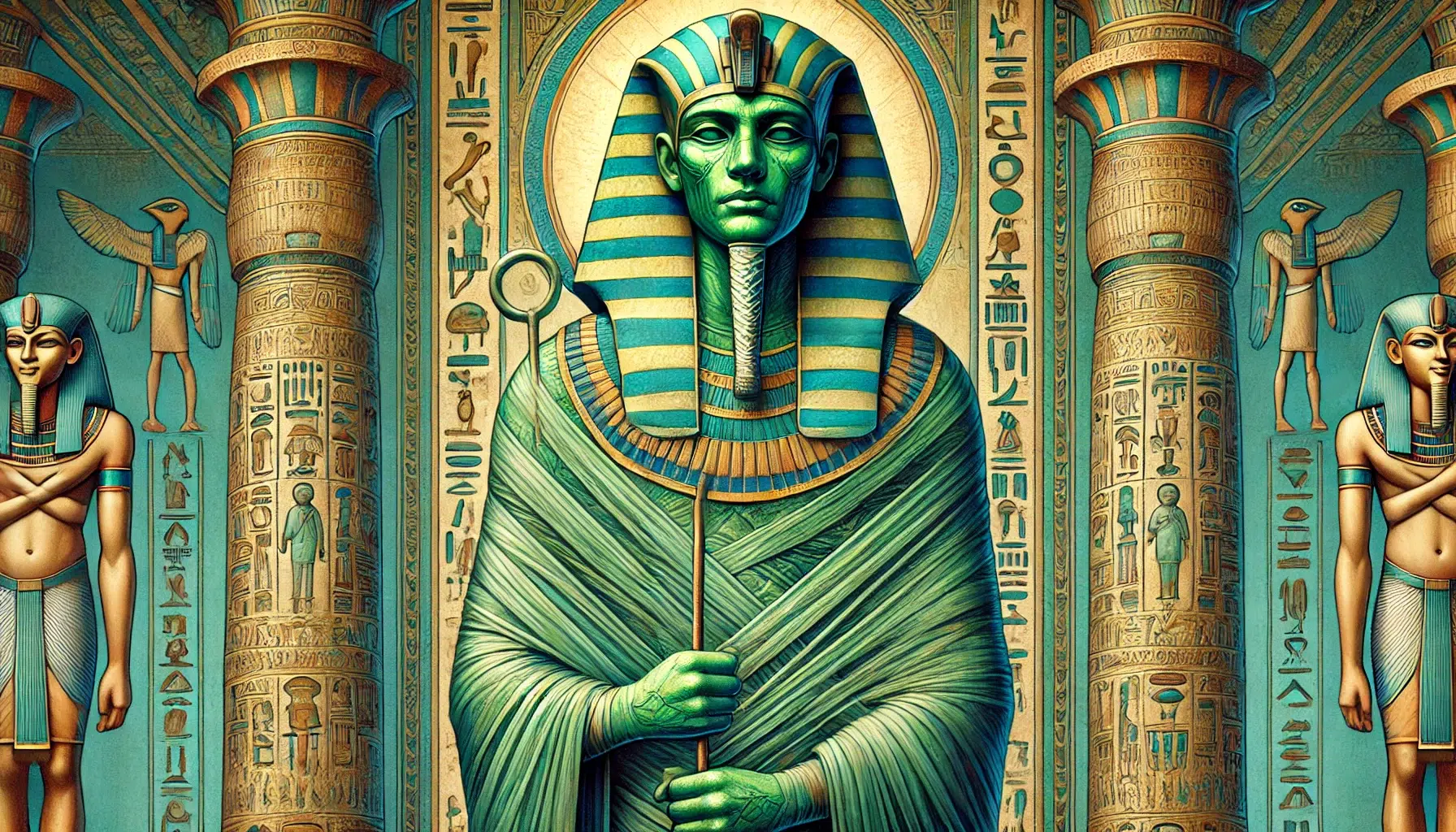 Ptah is depicted as a mummified man, standing straight and wrapped tightly in a shroud, with only his hands free. His skin is green, symbolizing rebirth and regeneration. He wears a close-fitting skullcap or a blue crown, and his face is serene and composed. In his hands, he holds a was-scepter, an ankh, and a djed pillar, representing power, life, and stability, respectively. His attire is adorned with intricate patterns and hieroglyphs, reflecting his status as a creator god and patron of craftsmen and architects. The background includes elements of ancient Egyptian architecture