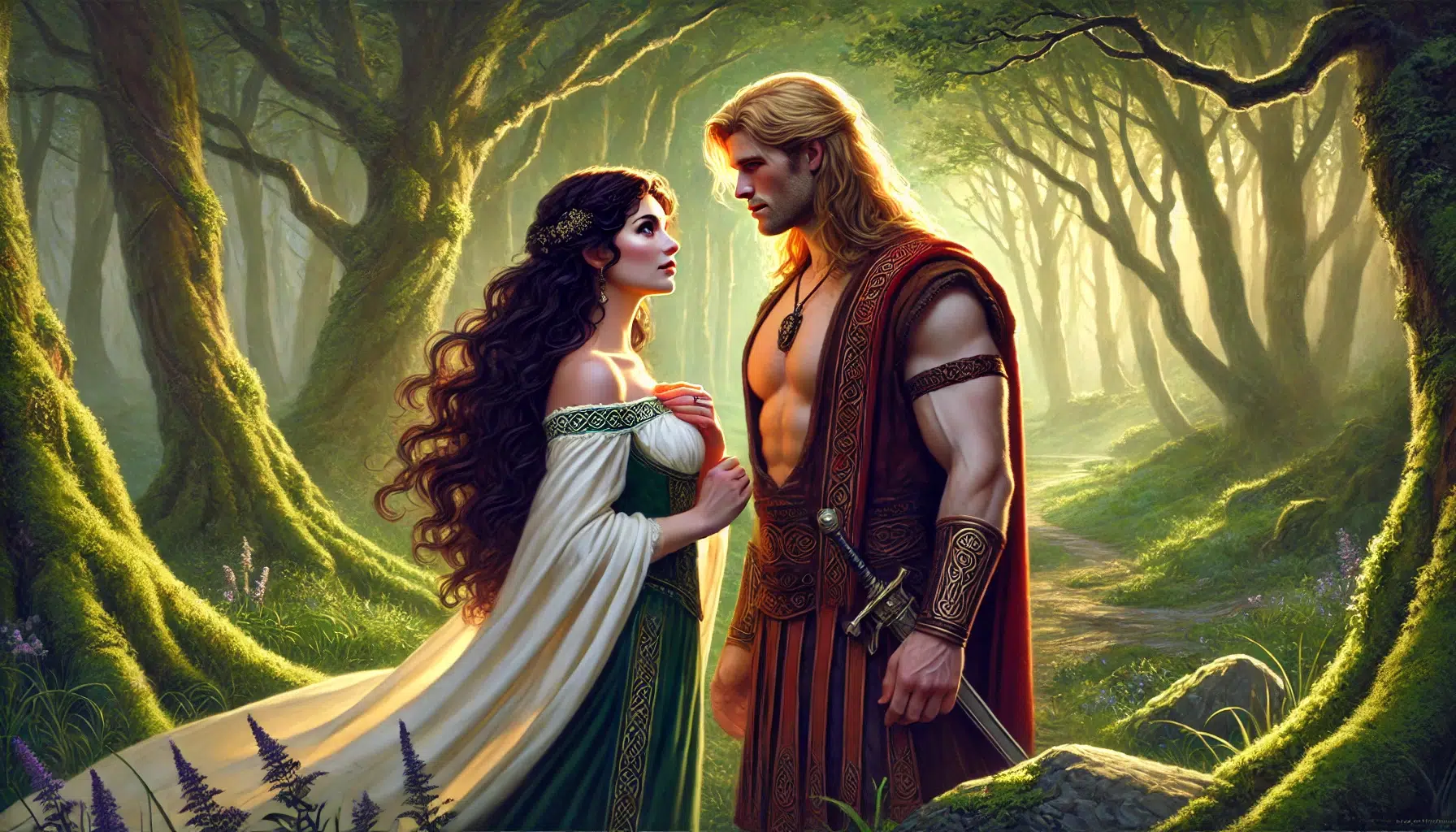 the love story between Sadbh and Fionn Mac Cumhaill from Irish mythology. The scene shows Sadbh, a beautiful woman with long, flowing dark hair and an elegant appearance. She is dressed in traditional, flowing garments that highlight her grace and beauty. Beside her stands Fionn Mac Cumhaill, a strong and handsome warrior with bright blonde hair and a muscular build. He is dressed in traditional warrior attire. They stand together in a peaceful, natural setting, such as a lush, green forest with sunlight streaming through the trees, creating a warm and intimate atmosphere