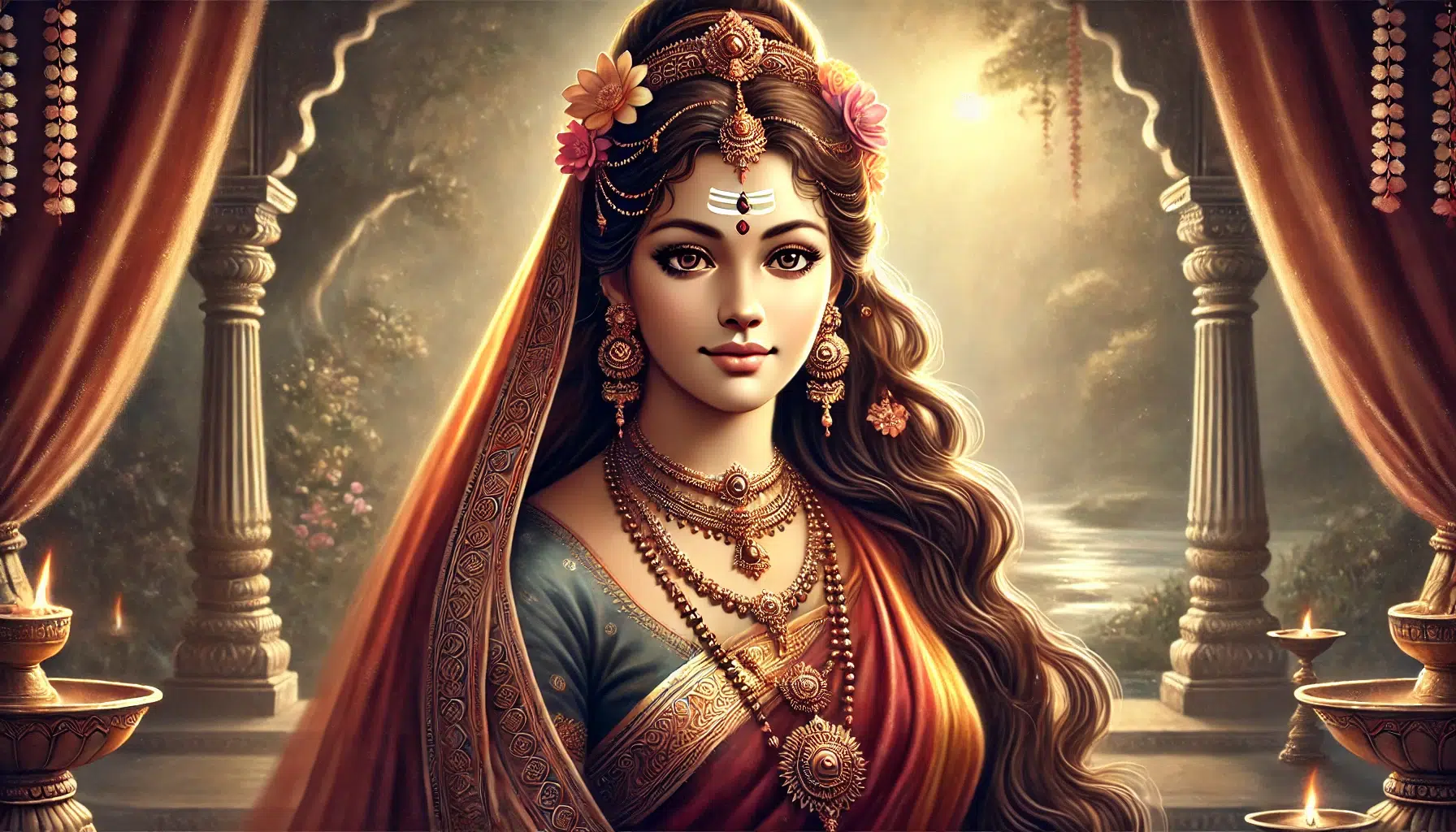 Sati, the first wife of the Hindu god Shiva. Sati is portrayed as a beautiful and dignified goddess with a calm and serene expression. She wears a traditional Indian saree in rich, deep colours, symbolizing her noble status. Her attire is adorned with intricate jewelry, including necklaces, earrings, and bracelets. Sati's long, flowing hair is decorated with flowers, adding to her divine appearance. She stands with a gentle, composed posture, radiating grace and devotion