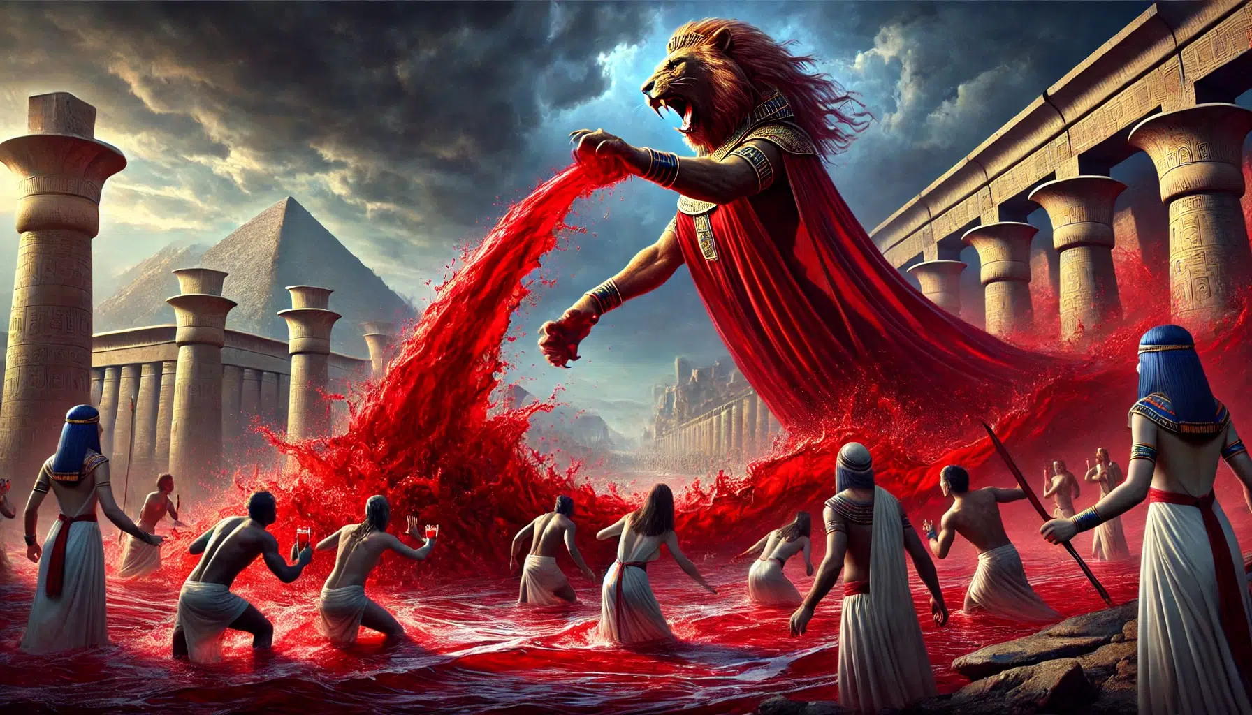 Sekhmet unleashing a red flood upon ancient Egypt. The flood symbolizes her wrath and represents blood, sweeping across the land and causing widespread fear and destruction. People look terrified as the red waters engulf their surroundings. Sekhmet stands at the centre, her lioness head fierce and powerful, embodying her immense power and anger. The gods, concerned about the devastation, prepare red-dyed beer in the background. Sekhmet drinks the beer, calming her rage, and the floodwaters begin to recede.