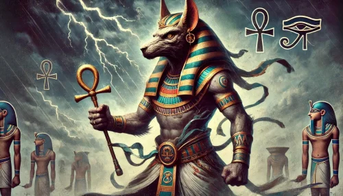 Set, the ancient Egyptian god associated with chaos, storms, and disorder. He is shown with a fierce and intense expression, embodying his powerful and tumultuous nature. Set has the distinctive head of a mysterious animal with a curved snout and squared ears, commonly known as the 'Set animal.' He is dressed in traditional Egyptian attire, including a short kilt and various accessories like a belt and jewellery. Set holds an ankh in one hand, representing life, and a sceptre in the other, symbolising power