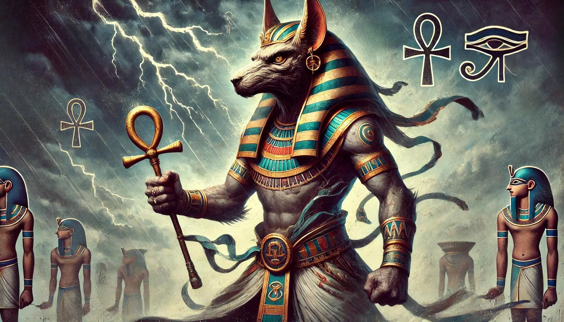 Set, the ancient Egyptian god associated with chaos, storms, and disorder. He is shown with a fierce and intense expression, embodying his powerful and tumultuous nature. Set has the distinctive head of a mysterious animal with a curved snout and squared ears, commonly known as the 'Set animal.' He is dressed in traditional Egyptian attire, including a short kilt and various accessories like a belt and jewellery. Set holds an ankh in one hand, representing life, and a sceptre in the other, symbolising power