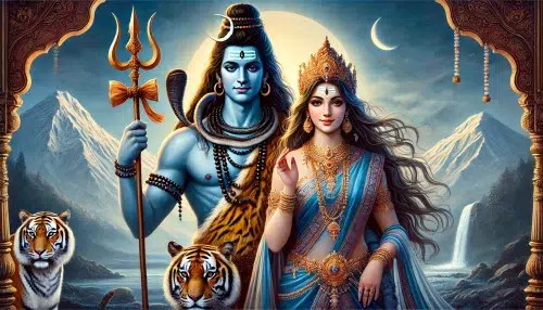 Shiva and Parvati, the divine couple from Hindu mythology. Shiva has a serene and calm expression, wearing traditional clothing, with a tiger skin wrapped around his waist. He has matted hair with a crescent moon and Ganga flowing from it, holding a trident (trishul) and a small drum (damaru). His skin is depicted in a blue hue, symbolizing his ascetic nature. Parvati stands gracefully beside Shiva, radiating warmth and compassion. She is adorned in elegant traditional clothing and jewelry, with a crown on her head. Parvati's expression is gentle and loving, with a soft, warm glow around her. She holds a lotus flower in one hand, symbolizing purity and beauty
