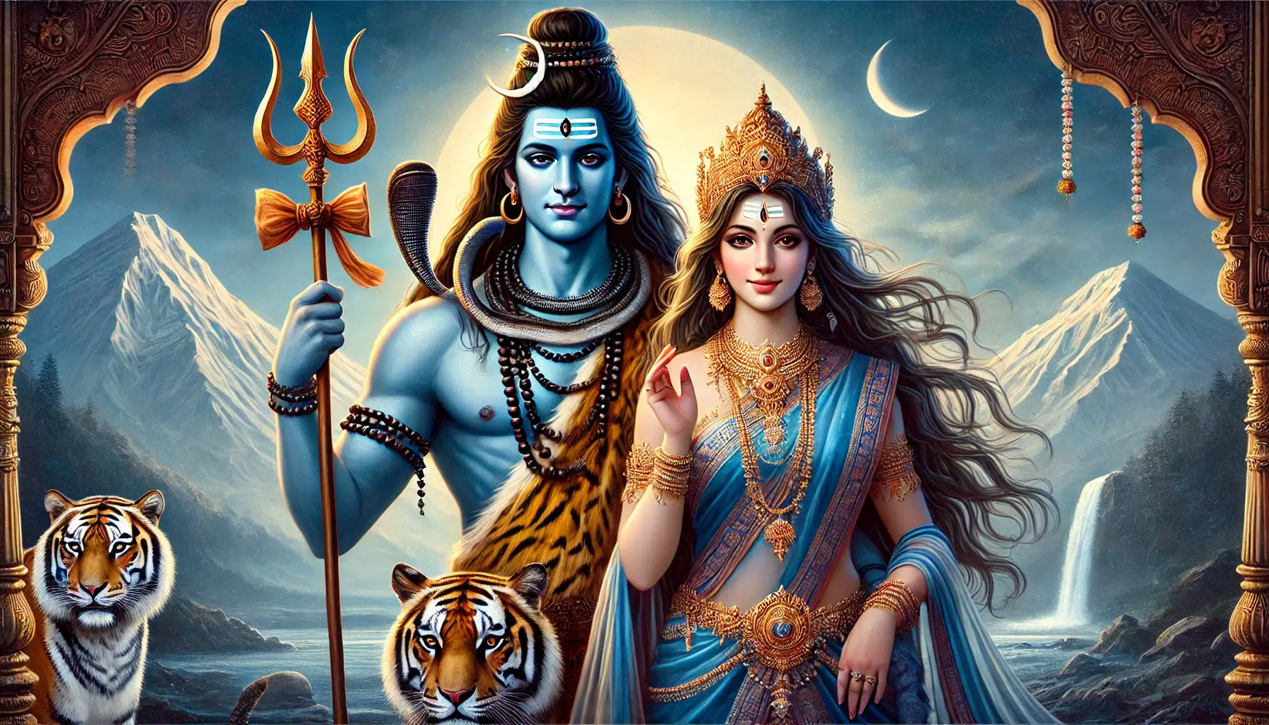 Shiva and Parvati, the divine couple from Hindu mythology. Shiva has a serene and calm expression, wearing traditional clothing, with a tiger skin wrapped around his waist. He has matted hair with a crescent moon and Ganga flowing from it, holding a trident (trishul) and a small drum (damaru). His skin is depicted in a blue hue, symbolizing his ascetic nature. Parvati stands gracefully beside Shiva, radiating warmth and compassion. She is adorned in elegant traditional clothing and jewelry, with a crown on her head. Parvati's expression is gentle and loving, with a soft, warm glow around her. She holds a lotus flower in one hand, symbolizing purity and beauty