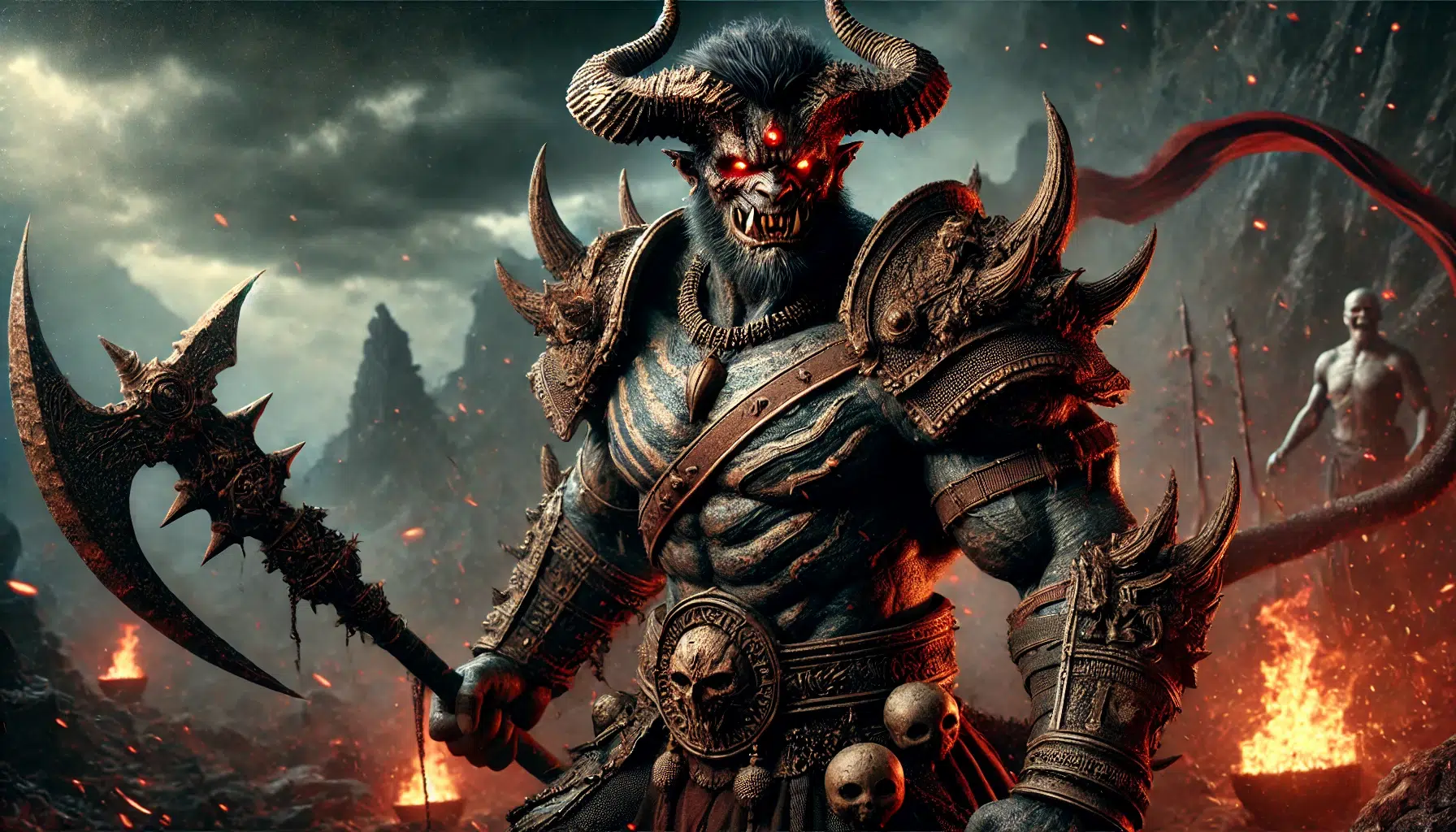 Tarakasura, a powerful demon from Hindu mythology. He should have a fierce and intimidating appearance, with a muscular build and dark, rugged skin. Tarakasura has a menacing expression with glowing red eyes, sharp teeth, and prominent fangs. He wears detailed demonic armour, including spiked shoulder pads, a chest plate, and arm bands, which look worn and battle-scarred. His hands hold a large, heavy mace and a shield, emphasizing his strength and readiness for battle