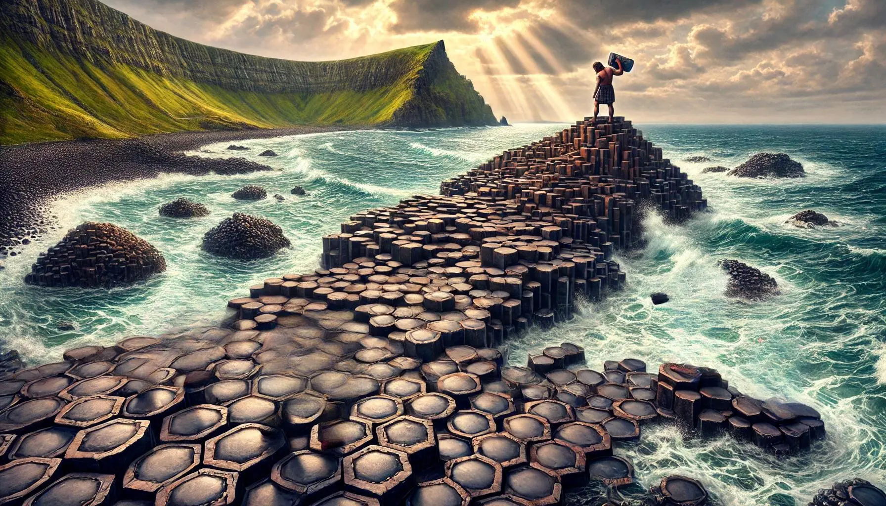 depiction of the Giant's Causeway in Northern Ireland, a natural wonder made up of thousands of hexagonal basalt columns that resemble stepping stones. The scene illustrates the legendary story of Fionn Mac Cumhaill, a giant and warrior, constructing the causeway. Fionn is portrayed as a large, imposing figure with a strong, muscular build, lifting and placing massive stones into the water to create the pathway. The columns stretch from the shore into the sea, leading towards the distant coast of Scotland, where the rival giant Benandonner lives.