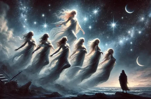 The Pleiades, known as the Seven Sisters, in a mythological setting. The scene shows the seven daughters of the Titan Atlas and the ocean nymph Pleione, gracefully ascending into the night sky as stars. The sisters are depicted as ethereal, glowing figures in flowing gowns, their forms gradually transforming into bright stars as they rise. In the background, the hunter Orion is visible, gazing up at them, his figure dark and determined