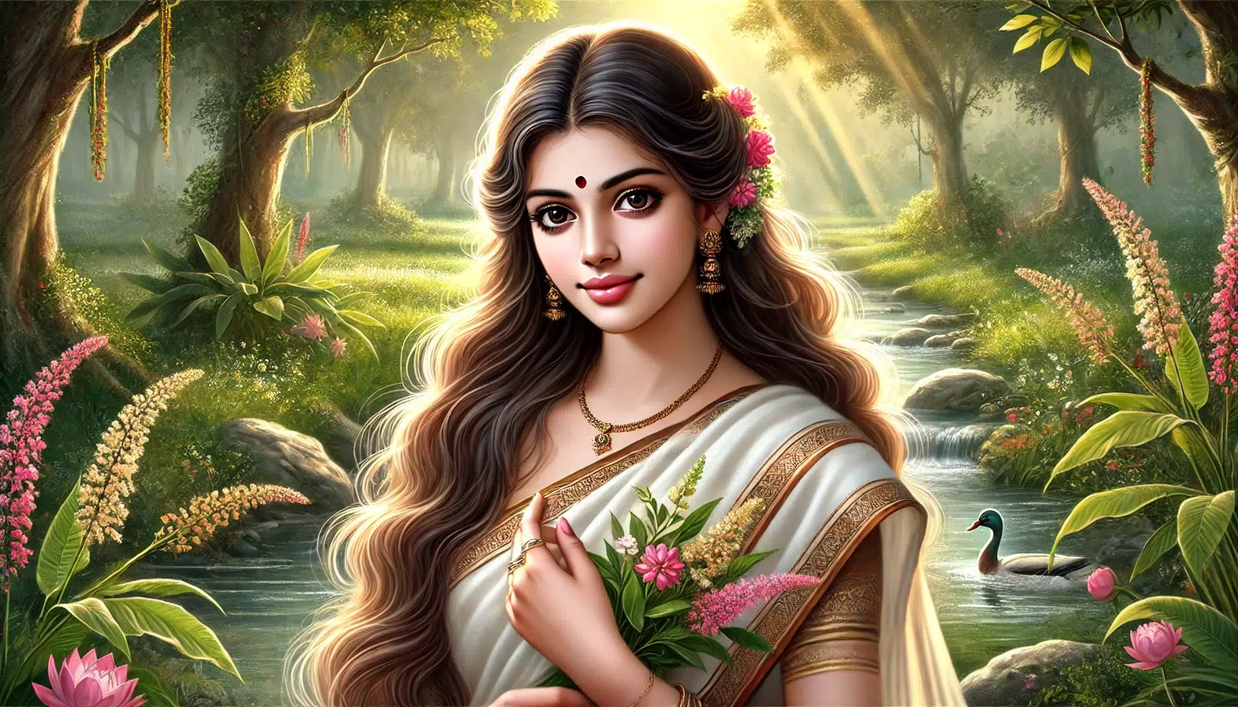 Valli, a beautiful girl from a community of people, representing love, devotion, and simplicity. Valli has a serene and gentle expression, with long flowing hair adorned with flowers. She wears traditional clothing that is simple yet elegant, reflecting her humble origins. Valli is depicted holding a small bunch of flowers, symbolizing her pure and loving nature. Her attire includes a simple sari, and she is adorned with minimal jewelry, such as earrings and a necklace