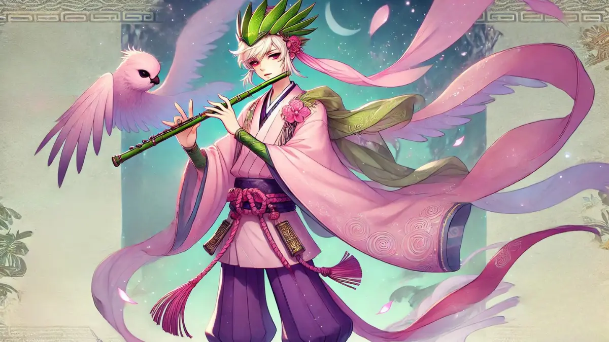 anime-style image of Waka from Okami. Waka wears a light pink kimono tucked into purple pants, giving him a flamboyant look. He has short blond hair and a green hawk-shaped headdress with pink flowing scarves on each side, elegantly trailing behind him. Waka carries a flute, which he often plays before making a prophecy. This flute can transform into a sword called Pillow Talk, highlighting his dual nature as both a musician and a warrior