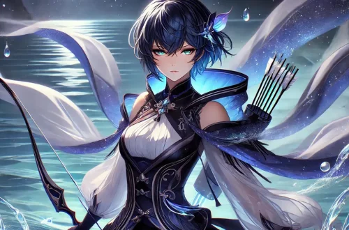 Anime-style image of Yelan from Genshin Impact. She has dark blue hair with lighter blue tips, styled in a sleek, asymmetrical short bob. She wears a form-fitting, dark blue and white outfit with intricate patterns and a high collar, exuding both sophistication and combat readiness. Her attire is accented with a flowing, translucent cape that resembles water, adding to her ethereal and fluid appearance. Yelan's eyes are a striking light green, reflecting her Hydro abilities. She carries a sleek, modern bow with a design that complements her overall aesthetic.