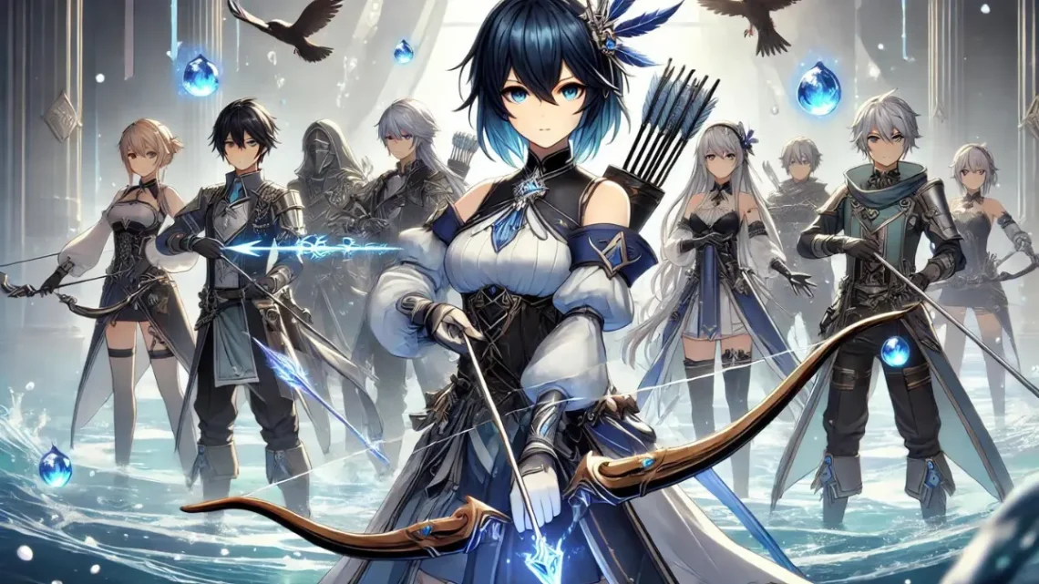 Anime-style image of Yelan from Genshin Impact standing in front of a group of allies, each holding their respective weapons. Yelan has dark blue hair with lighter blue tips, styled in a sleek, asymmetrical short bob, and striking light green eyes. She wears a full set of Noblesse Oblige artifacts, including a feathered headdress, flowing robes, and gauntlets that shimmer with hydro energy. Yelan stands tall with her bow drawn, ready to support her team from the backline. Her allies include a hydro-based healer, a claymore-wielding defender, and a nimble spear user. The healer stands close to Yelan, ready to provide support when needed.