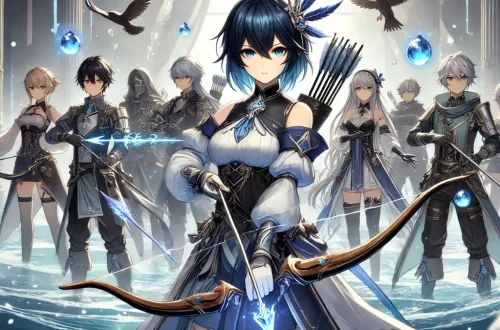 Anime-style image of Yelan from Genshin Impact standing in front of a group of allies, each holding their respective weapons. Yelan has dark blue hair with lighter blue tips, styled in a sleek, asymmetrical short bob, and striking light green eyes. She wears a full set of Noblesse Oblige artifacts, including a feathered headdress, flowing robes, and gauntlets that shimmer with hydro energy. Yelan stands tall with her bow drawn, ready to support her team from the backline. Her allies include a hydro-based healer, a claymore-wielding defender, and a nimble spear user. The healer stands close to Yelan, ready to provide support when needed.