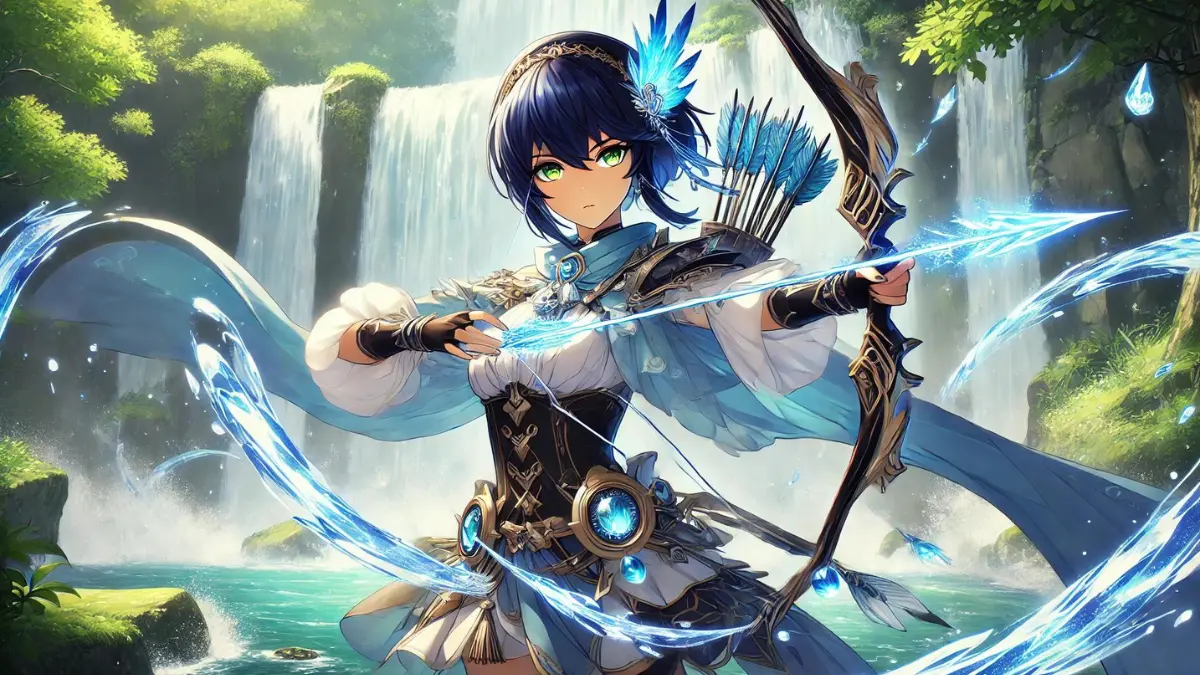 Anime-style image of Yelan from Genshin Impact adorned with the best artifacts for her Hydro Archer abilities. Yelan has dark blue hair with lighter blue tips, styled in a sleek, asymmetrical short bob, and striking light green eyes. She wears a full set of Noblesse Oblige artifacts, including a feathered headdress, flowing robes, and gauntlets that shimmer with hydro energy. Yelan stands before a cascading waterfall, her bow drawn and ready to unleash a torrent of water arrows with deadly accuracy