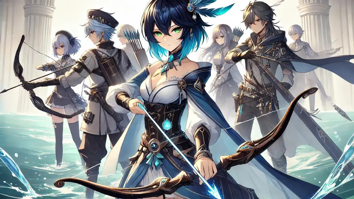 Anime-style image of Yelan from Genshin Impact standing in front of a group of allies, each holding their respective weapons. Yelan has dark blue hair with lighter blue tips, styled in a sleek, asymmetrical short bob, and striking light green eyes. She wears a full set of Noblesse Oblige artifacts, including a feathered headdress, flowing robes, and gauntlets that shimmer with hydro energy. Yelan stands tall with her bow drawn, ready to support her team from the backline. Her allies include a hydro-based healer, a claymore-wielding defender, and a nimble spear user. The healer stands close to Yelan, ready to provide support when needed.