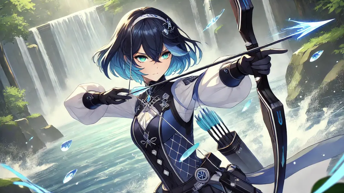 Anime-style image of Yelan from Genshin Impact holding her bow, she has dark blue hair with lighter blue tips, styled in a sleek, asymmetrical short bob, and striking light green eyes